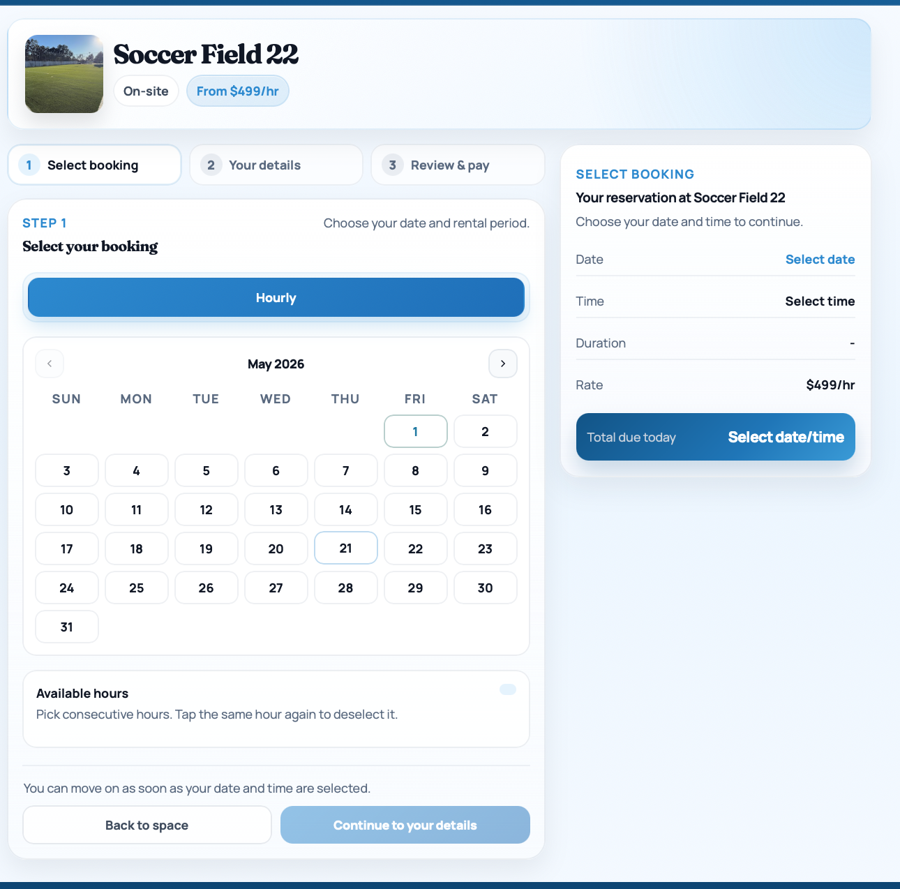Booking page showing a calendar and reservation form